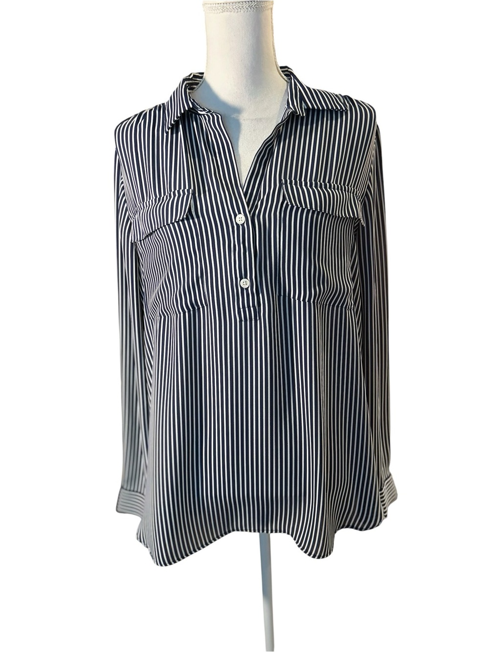 Ann Taylor Navy and White Vertical Stripe Half Button-Front Blouse